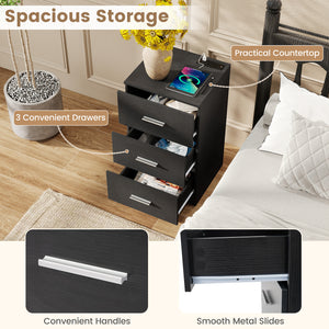 Set of 2 Nightstand with Charging Station End Table with 3 Storage Drawers Bedside Table for Bedroom-Black