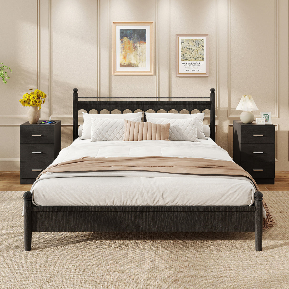 Set of 2 Nightstand with Charging Station End Table with 3 Storage Drawers Bedside Table for Bedroom-Black