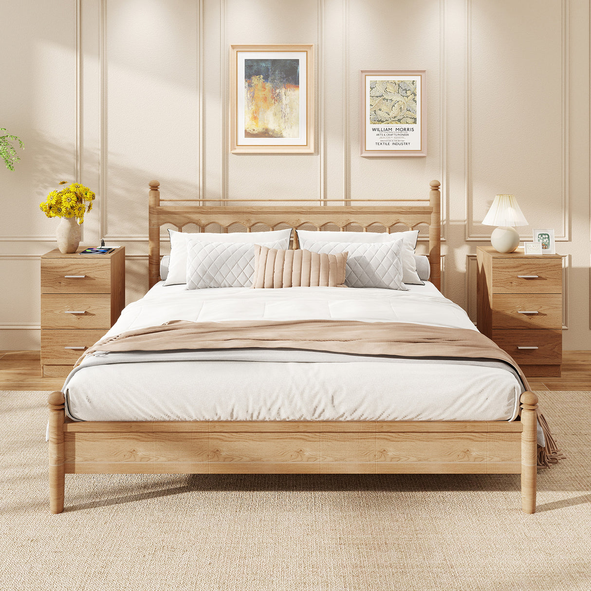 Set of 2 Nightstand with Charging Station End Table with 3 Storage Drawers Bedside Table for Bedroom-Natural