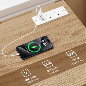 Set of 2 Nightstand with Charging Station End Table with 3 Storage Drawers Bedside Table for Bedroom-Natural