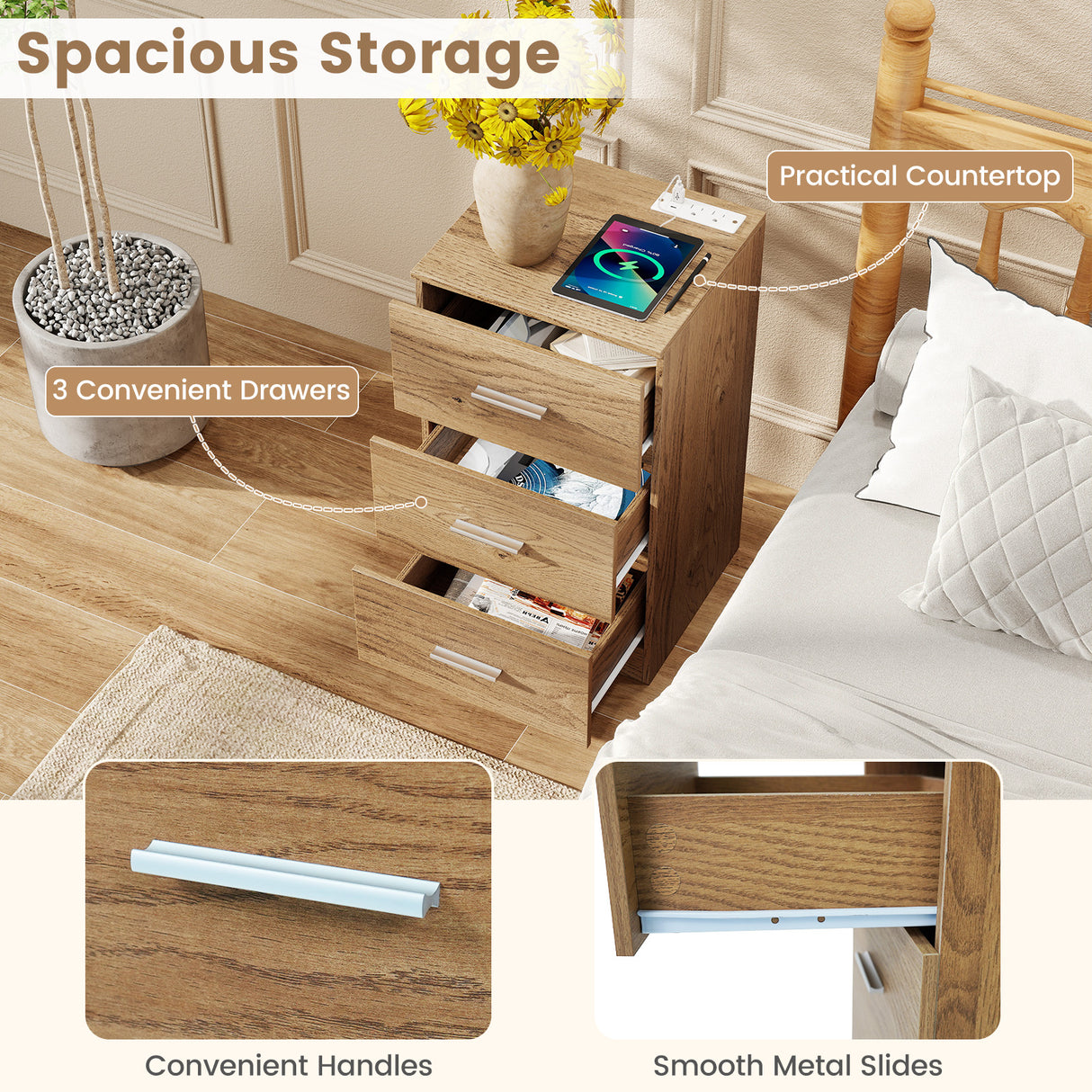 Set of 2 Nightstand with Charging Station End Table with 3 Storage Drawers Bedside Table for Bedroom-Natural