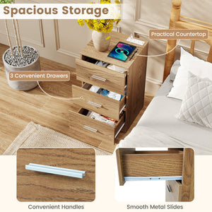 Set of 2 Nightstand with Charging Station End Table with 3 Storage Drawers Bedside Table for Bedroom-Natural