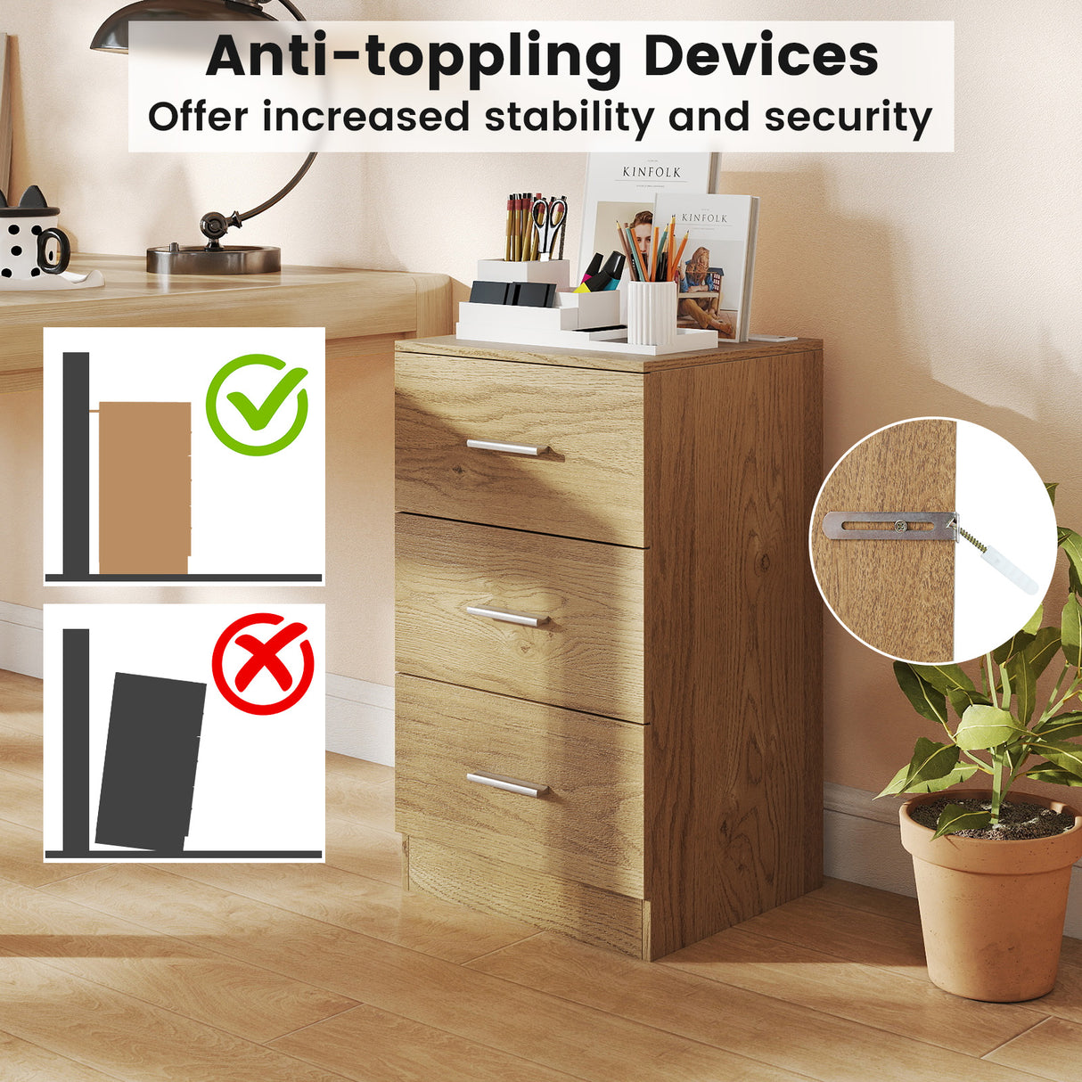 Set of 2 Nightstand with Charging Station End Table with 3 Storage Drawers Bedside Table for Bedroom-Natural
