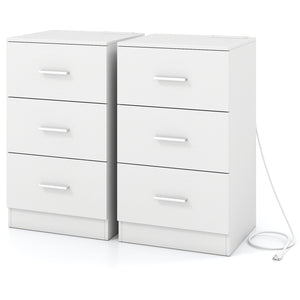 Set of 2 Nightstand with Charging Station End Table with 3 Storage Drawers Bedside Table for Bedroom-White