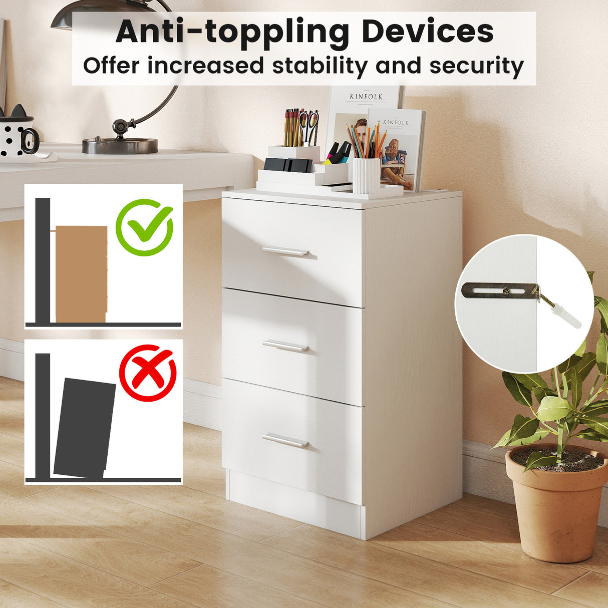 Set of 2 Nightstand with Charging Station End Table with 3 Storage Drawers Bedside Table for Bedroom-White