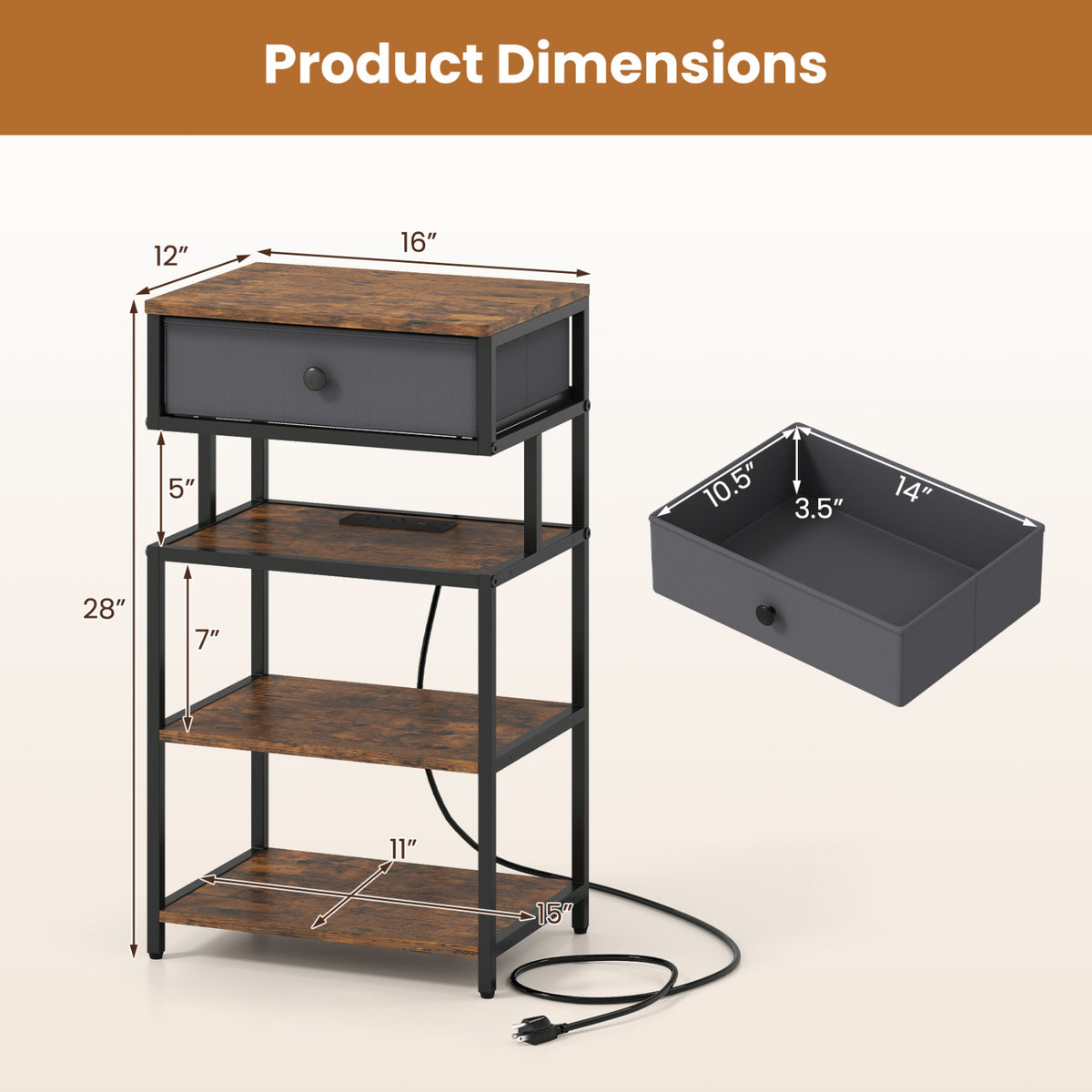 Set of 2 Nightstand with Charging Station 28 Inch Tall Bedside Table with Fabric Drawer-Rustic Brown