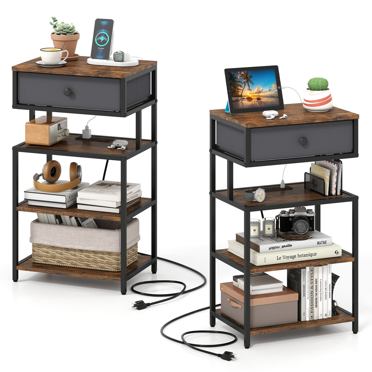 Set of 2 Nightstand with Charging Station 28 Inch Tall Bedside Table with Fabric Drawer-Rustic Brown