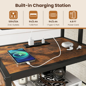 Set of 2 Nightstand with Charging Station 28 Inch Tall Bedside Table with Fabric Drawer-Rustic Brown