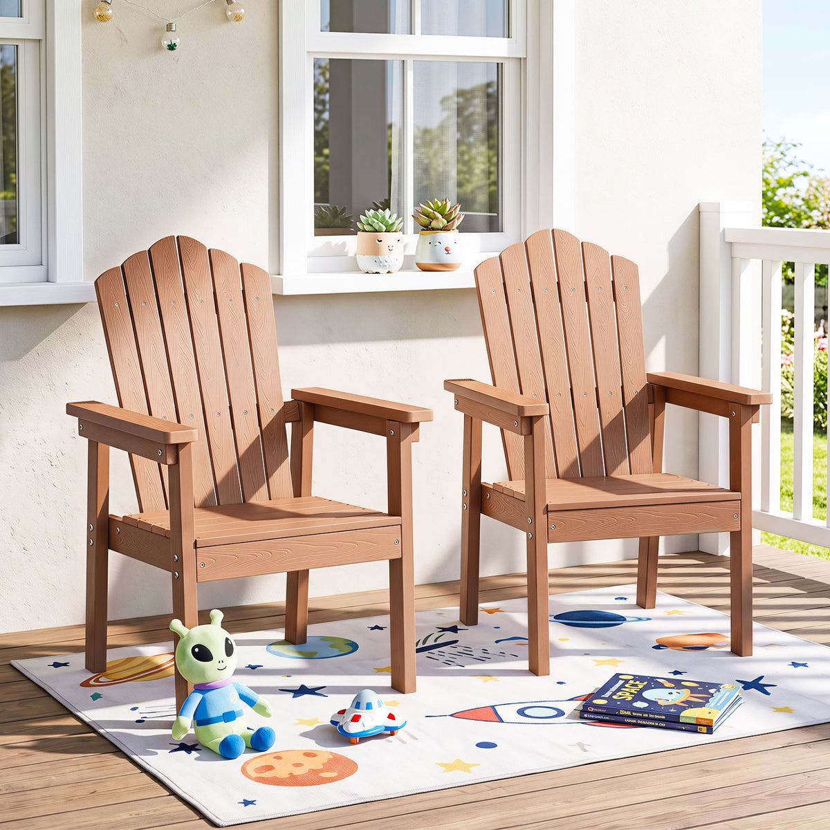 Set of 2 Outdoor Adirondack Chair with High Backrest Wide Armrests and Angled Seat for Deck-Brown