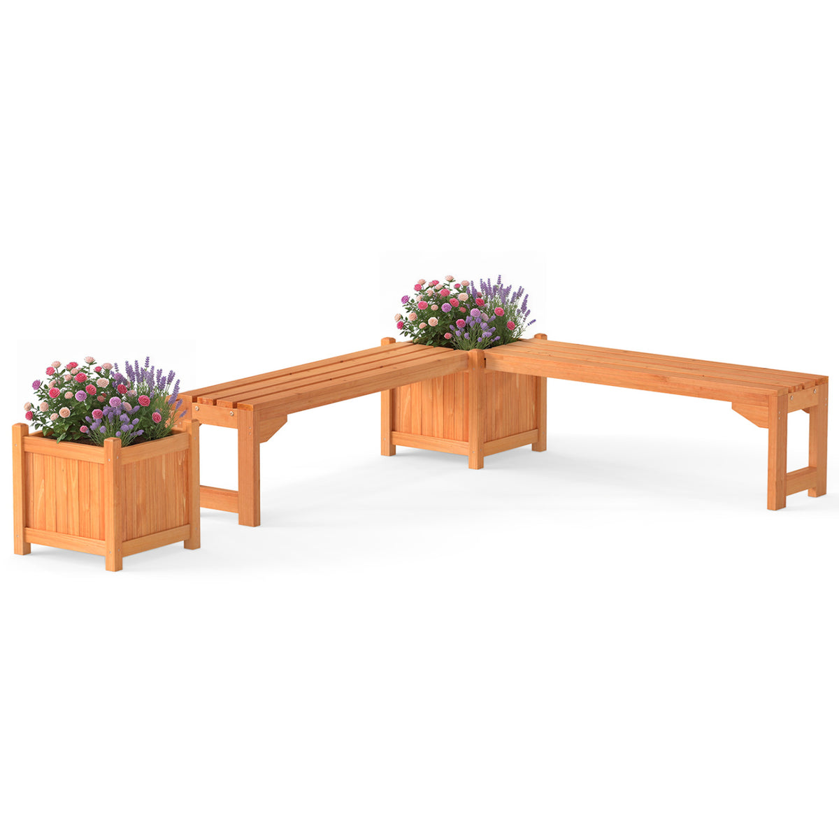 Set of 2 Outdoor Bench with Raised Garden Bed with Spacious Seat and Detachable Bottom Plates-Orange