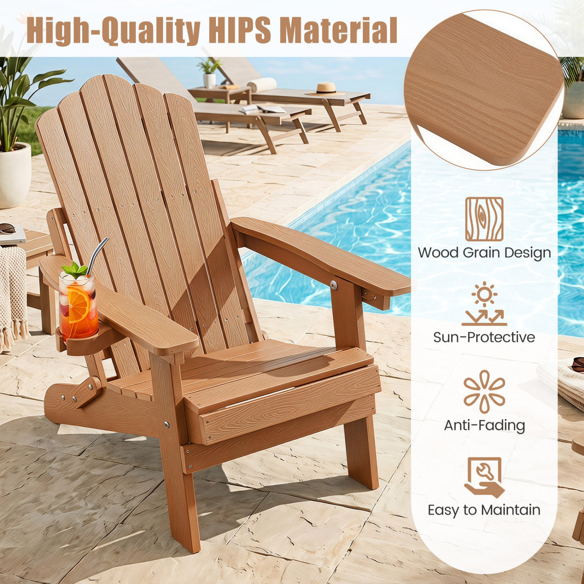 Set of 2 Outdoor Folding Adirondack Chair with Cup Holder and 5-Level Backrest-Coffee
