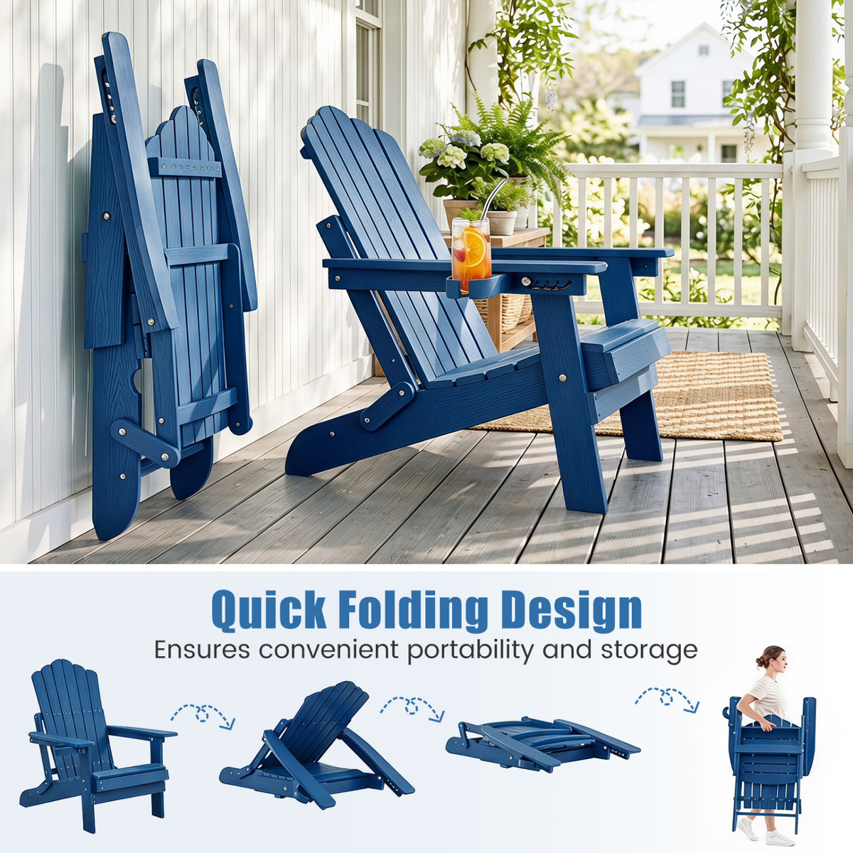Set of 2 Outdoor Folding Adirondack Chair with Cup Holder and 5-Level Backrest-Navy