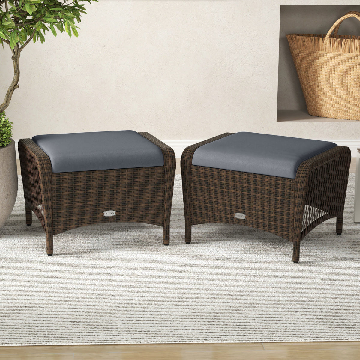 Set of 2 Outdoor Patio PE Wicker Ottomans with Removable Cushions-Grey