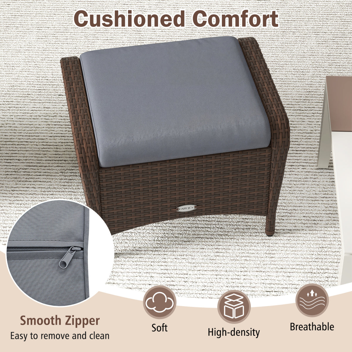 Set of 2 Outdoor Patio PE Wicker Ottomans with Removable Cushions-Grey
