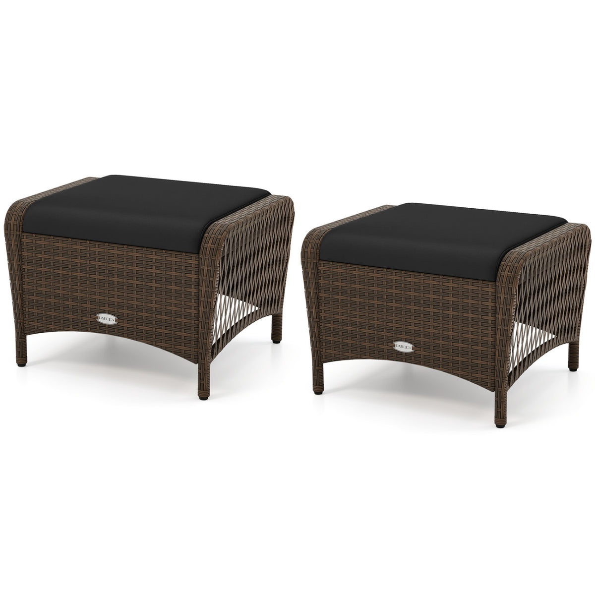Set of 2 Outdoor Patio PE Wicker Ottomans with Removable Cushions-Black
