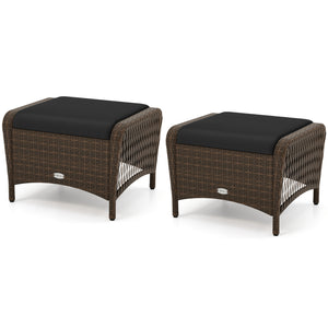 Set of 2 Outdoor Patio PE Wicker Ottomans with Removable Cushions-Black