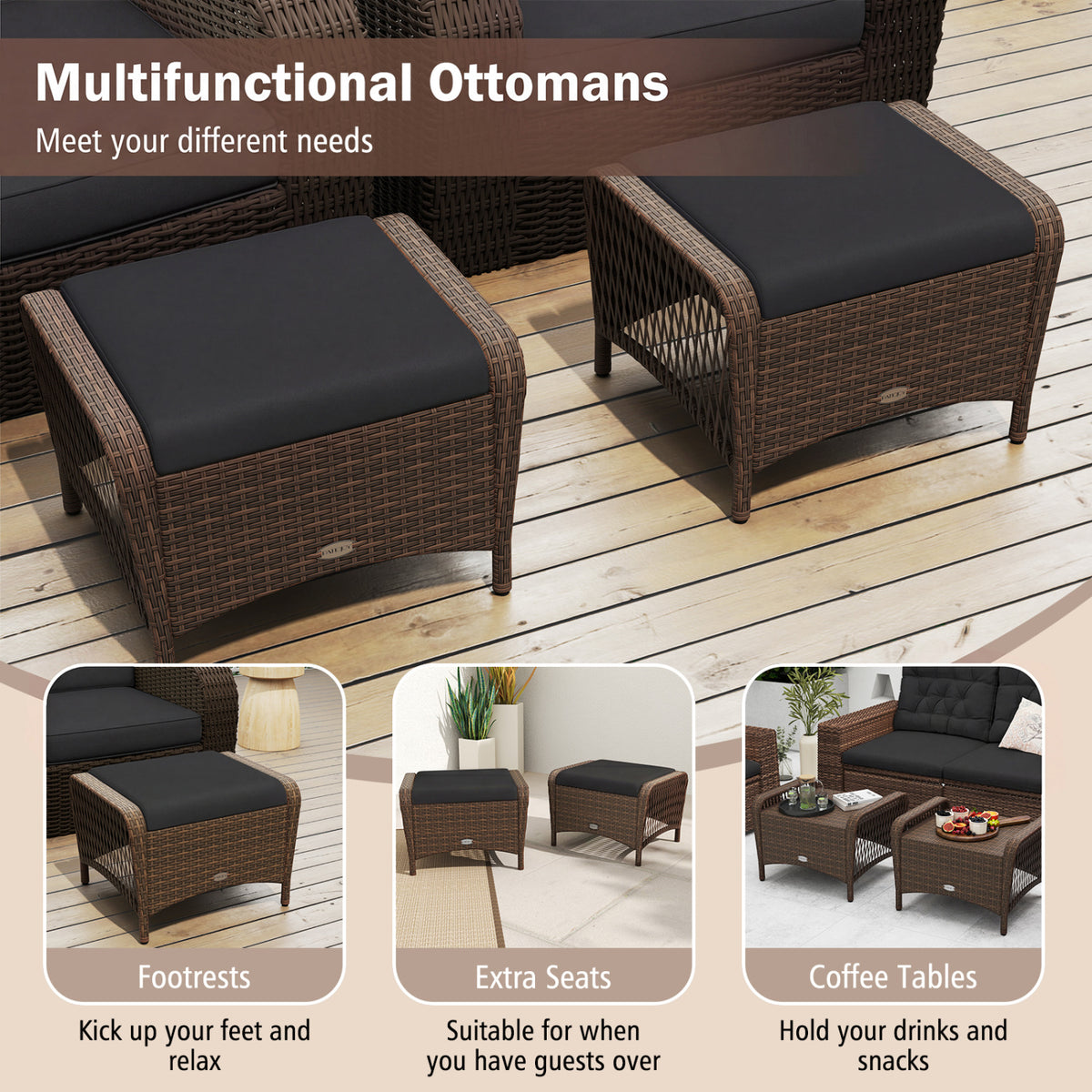 Set of 2 Outdoor Patio PE Wicker Ottomans with Removable Cushions-Black