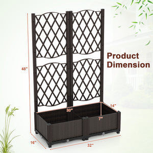 Set of 2 PE Rattan Raised Garden Bed with Trellis Planter Box for Climbing Plants-Rustic Brown