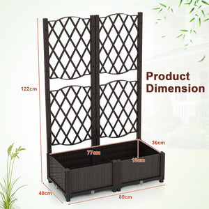 Set of 2 PE Rattan Raised Garden Bed with Trellis Planter Box for Climbing Plants-Rustic Brown