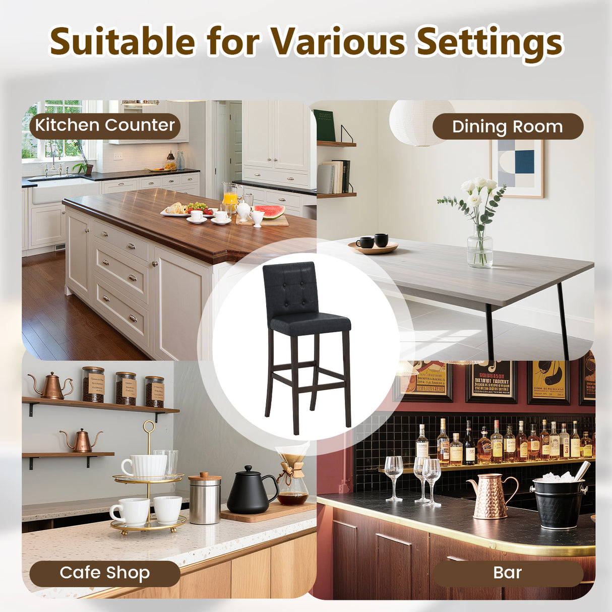 Set of 2 PVC Dining Leather Bar Stools with Solid Wood Legs-29 inches