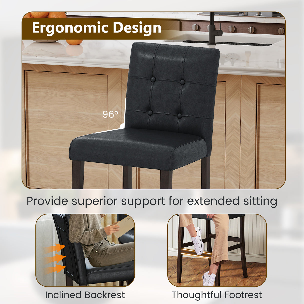 Set of 2 PVC Leather Bar Stools with Solid Wood Legs