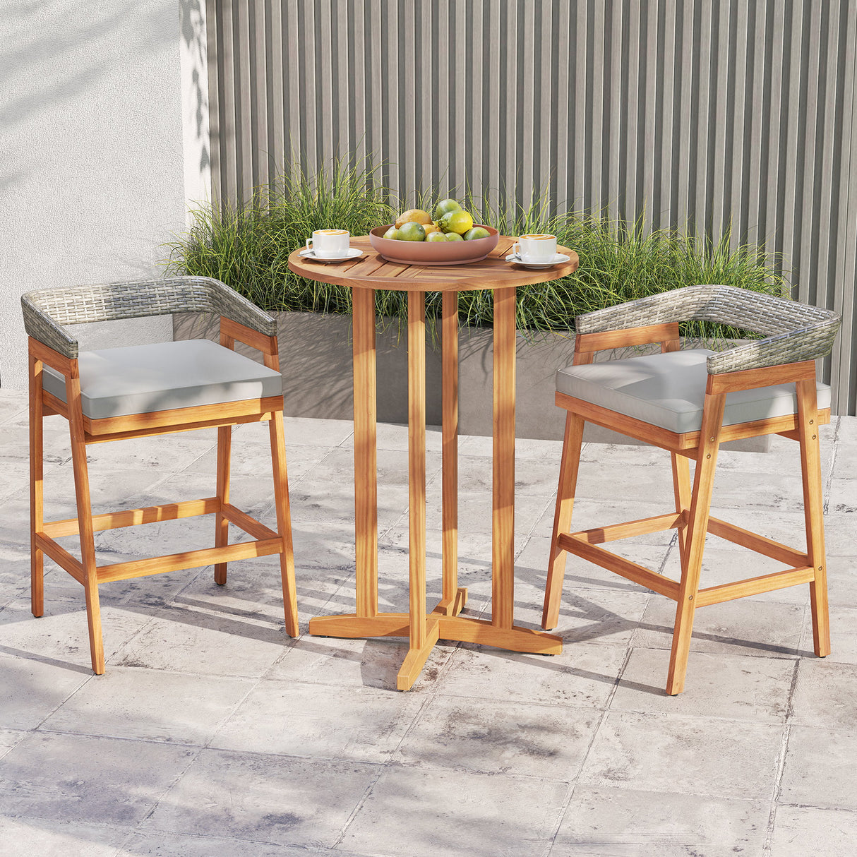 Set of 2 Patio Acacia Wood Counter Height Bar Stools with Cushions and PE Wicker Backrests Footrests-Gray