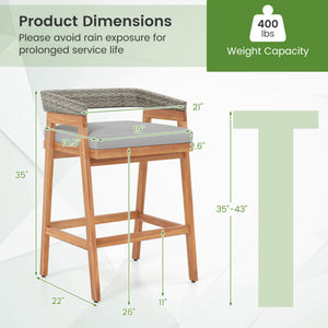 Set of 2 Patio Acacia Wood Counter Height Bar Stools with Cushions and PE Wicker Backrests Footrests-Gray
