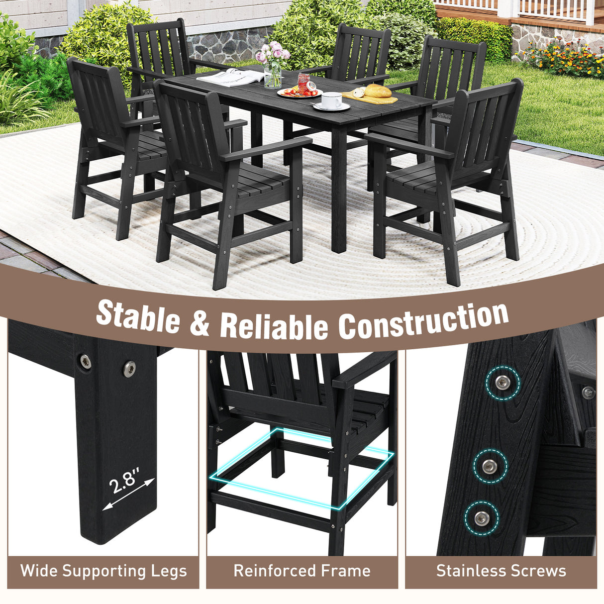 Set of 2 Patio Dining Chairs with Wide Armrests-Black