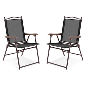 Set of 2 Patio Folding Sling Back Camping Deck Chairs-Black