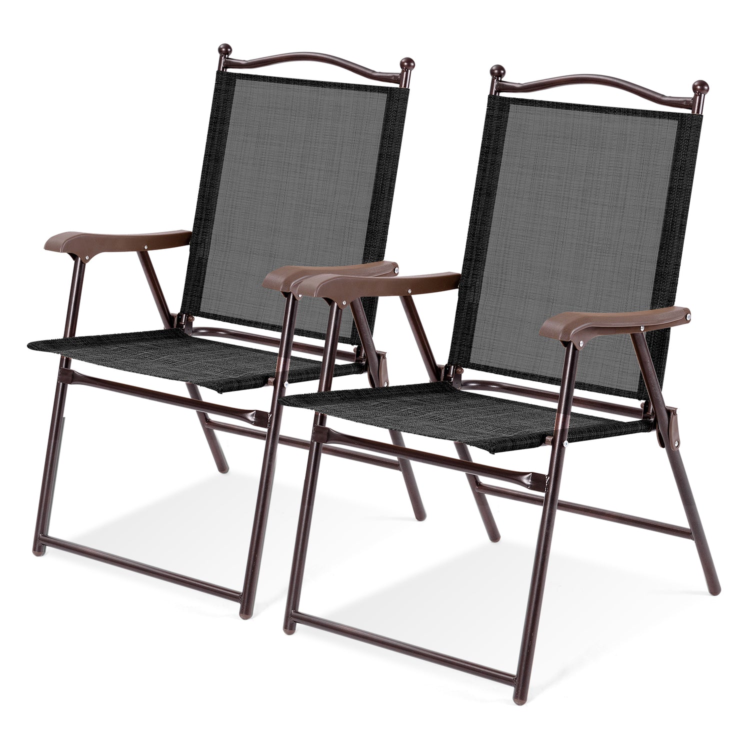 Set of 2 Patio Folding Sling Back Camping Deck Chairs-Black