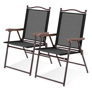 Set of 2 Patio Folding Sling Back Camping Deck Chairs-Black