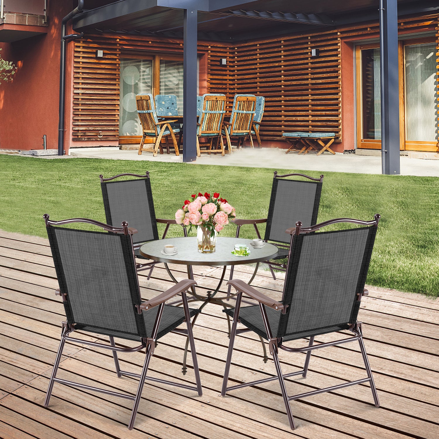 Set of 2 Patio Folding Sling Back Camping Deck Chairs-Black