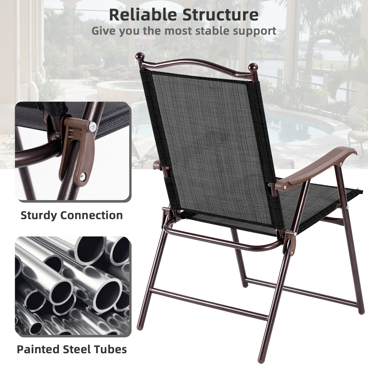 Set of 2 Patio Folding Sling Back Camping Deck Chairs-Black
