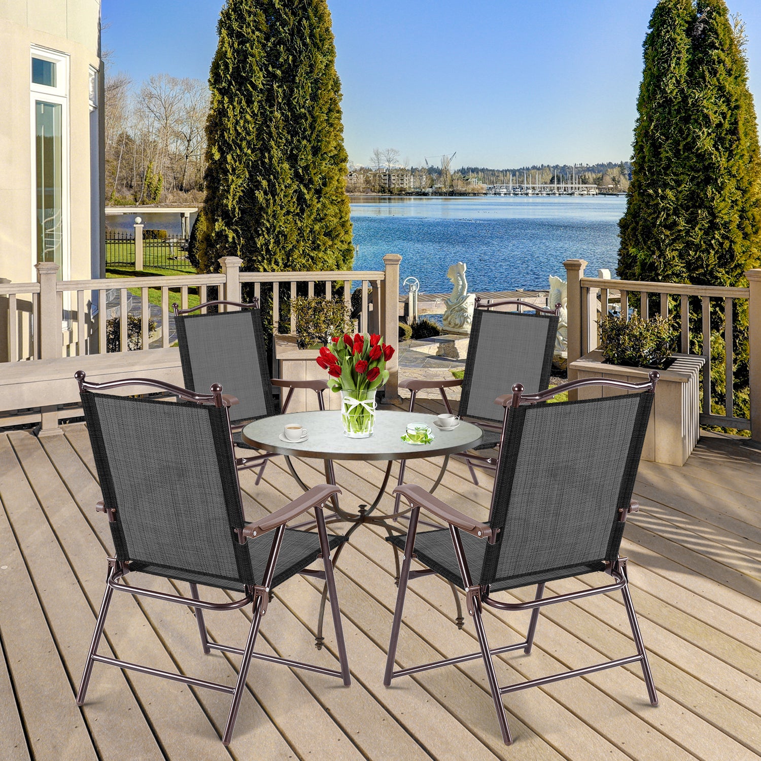 Set of 2 Patio Folding Sling Back Camping Deck Chairs-Brown