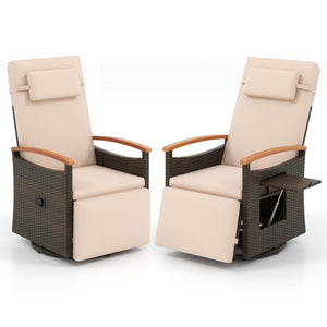 Set of 2 Patio Rattan 360Â° Swivel Recliner Chair with Adjustable Backrest and Footrest-Beige