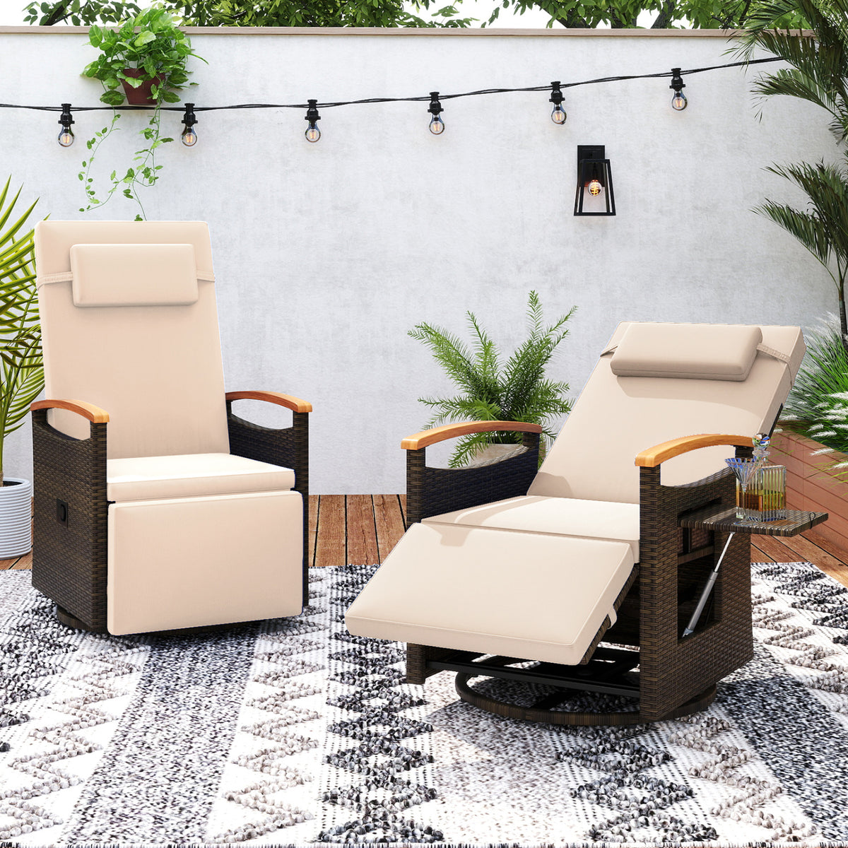 Set of 2 Patio Rattan 360Â° Swivel Recliner Chair with Adjustable Backrest and Footrest-Beige