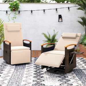 Set of 2 Patio Rattan 360Â° Swivel Recliner Chair with Adjustable Backrest and Footrest-Beige