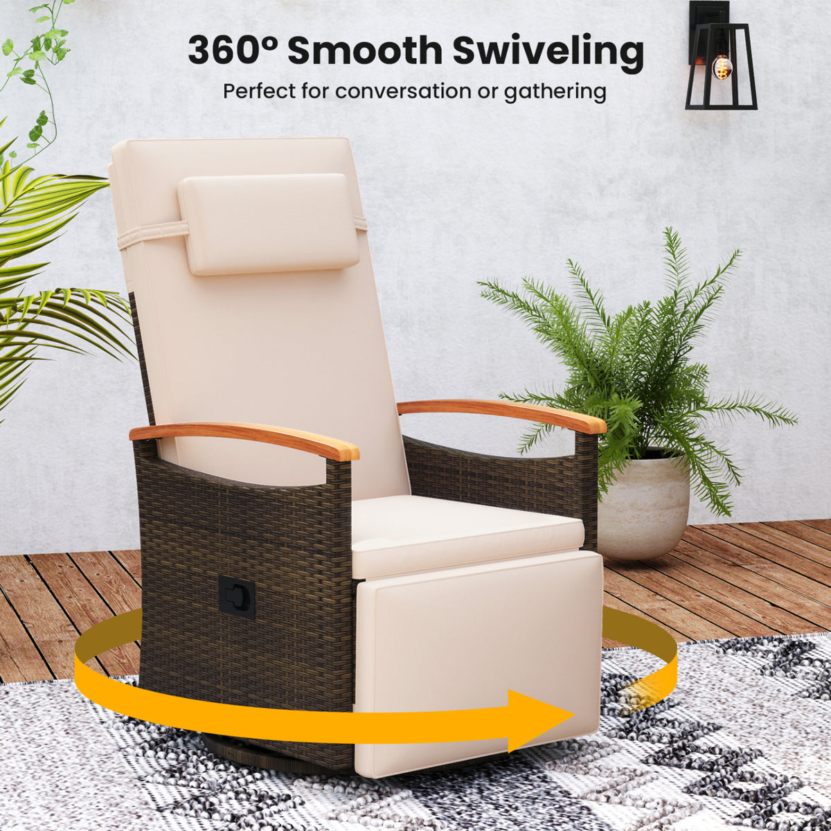 Set of 2 Patio Rattan 360Â° Swivel Recliner Chair with Adjustable Backrest and Footrest-Beige