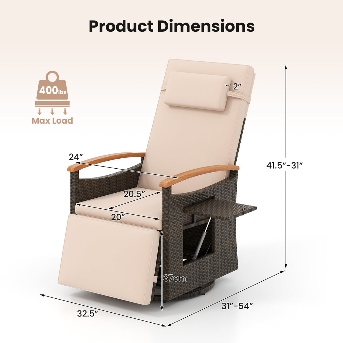 Set of 2 Patio Rattan 360Â° Swivel Recliner Chair with Adjustable Backrest and Footrest-Beige