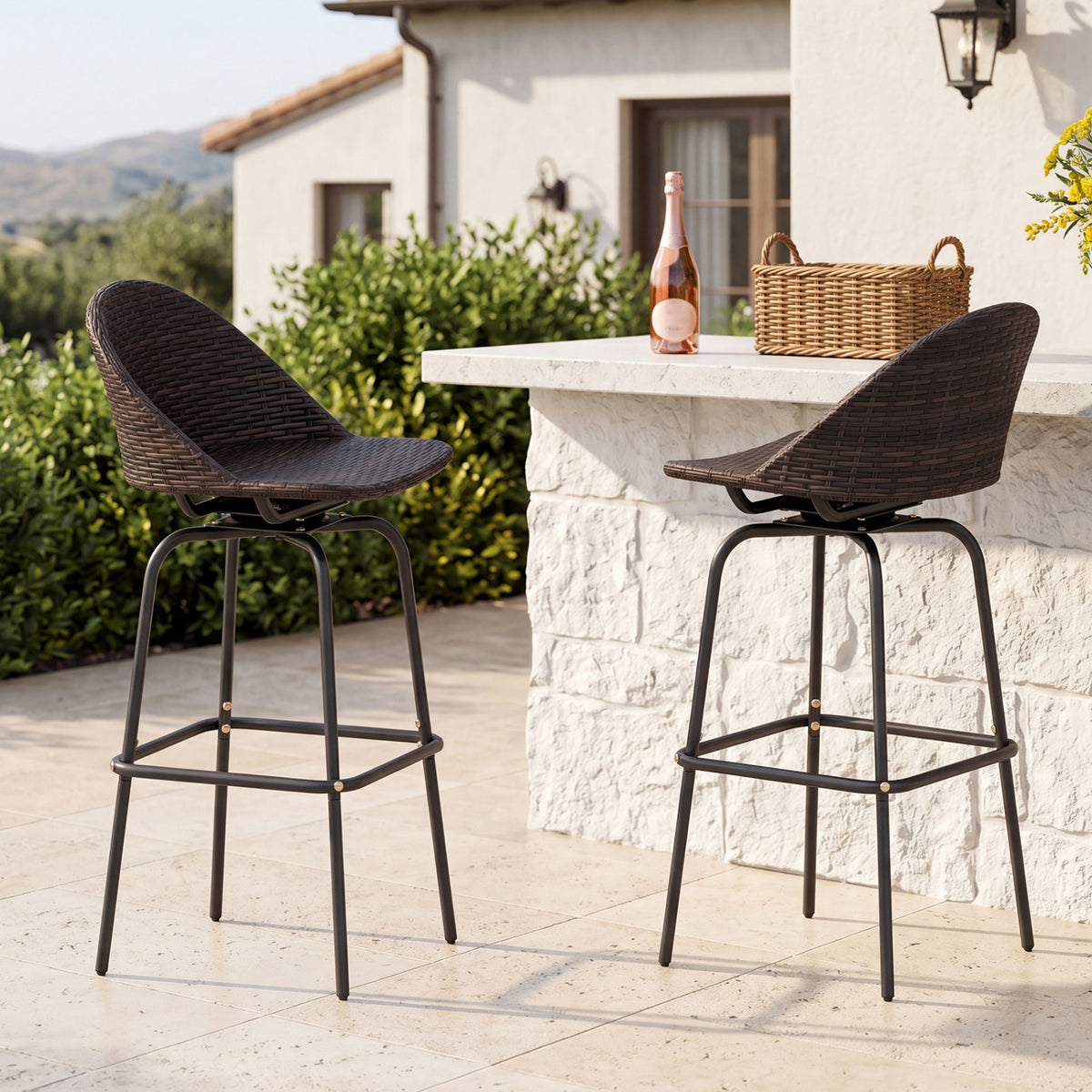 Set of 2 Patio Swivel Bar Stools with Rattan Seat 400 LBS for Garden-Brown