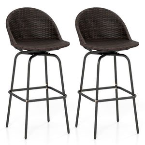 Set of 2 Patio Swivel Bar Stools with Rattan Seat 400 LBS for Garden-Brown