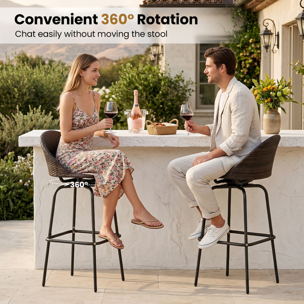 Set of 2 Patio Swivel Bar Stools with Rattan Seat 400 LBS for Garden-Brown