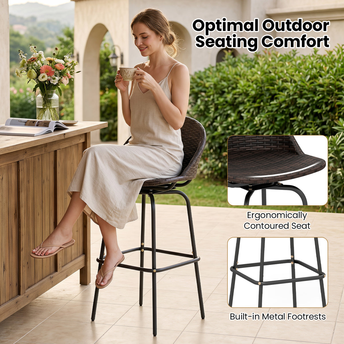 Set of 2 Patio Swivel Bar Stools with Rattan Seat 400 LBS for Garden-Brown