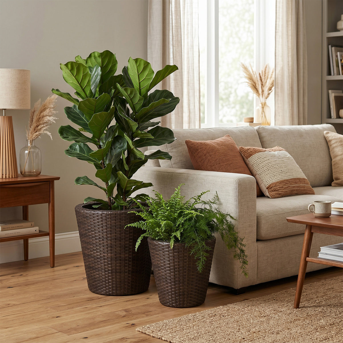Set of 2 Plastic Taper Rattan Planters with Drainage Holes and Saucers-Brown