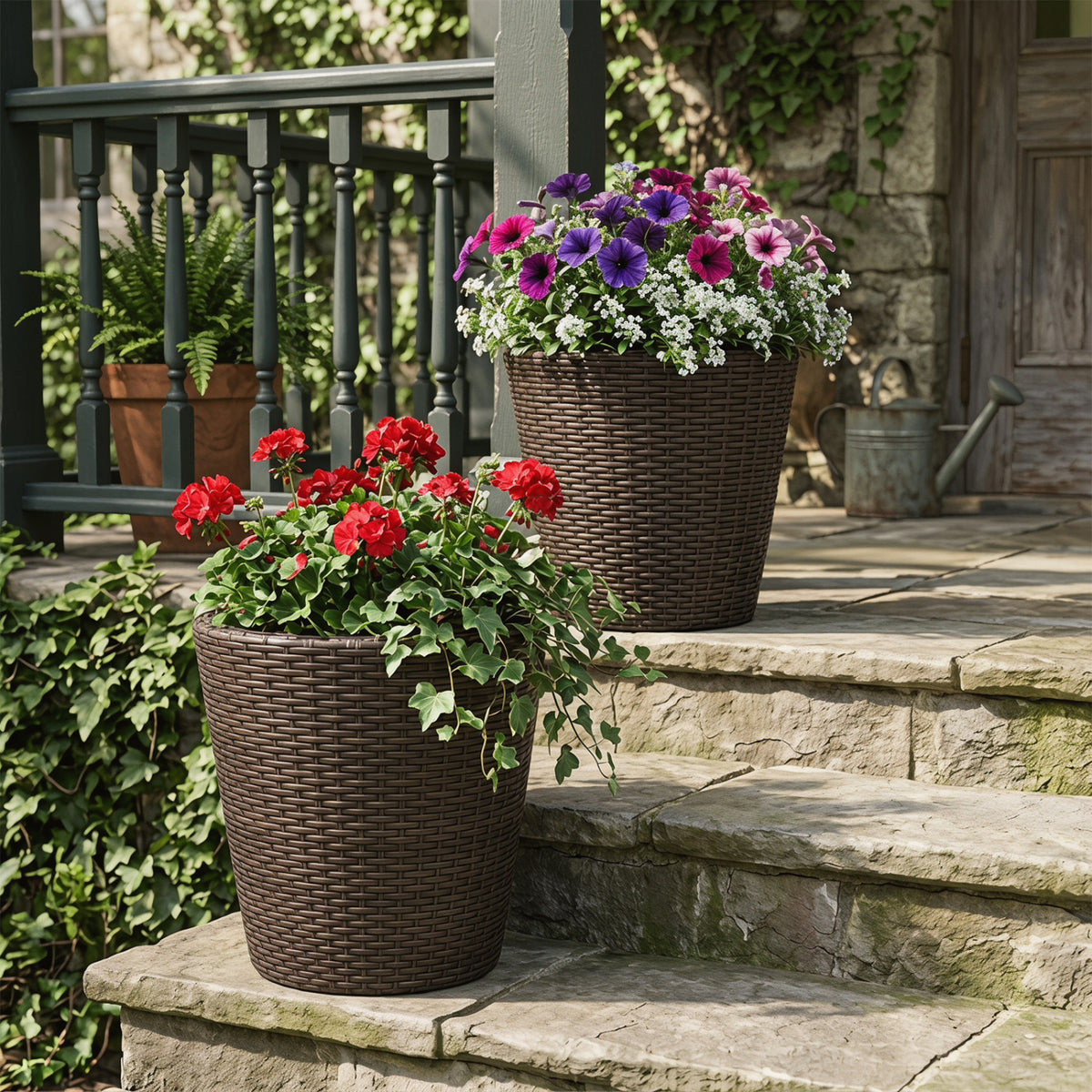 Set of 2 Plastic Taper Rattan Planters with Drainage Holes and Saucers-Brown