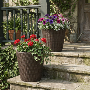 Set of 2 Plastic Taper Rattan Planters with Drainage Holes and Saucers-Brown