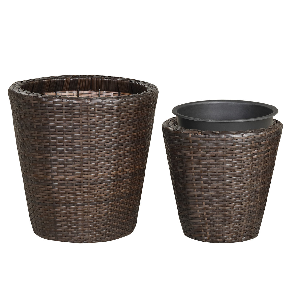 Set of 2 Plastic Taper Rattan Planters with Drainage Holes and Saucers-Brown