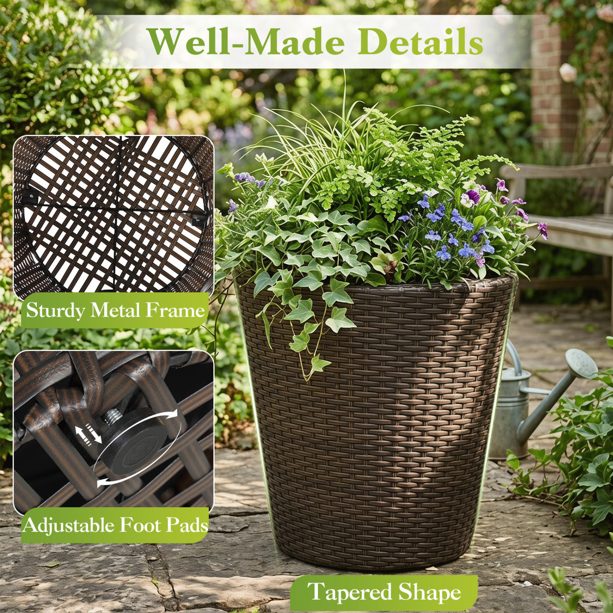 Set of 2 Plastic Taper Rattan Planters with Drainage Holes and Saucers-Brown