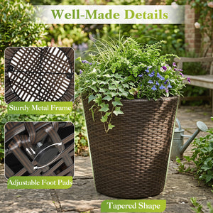 Set of 2 Plastic Taper Rattan Planters with Drainage Holes and Saucers-Brown