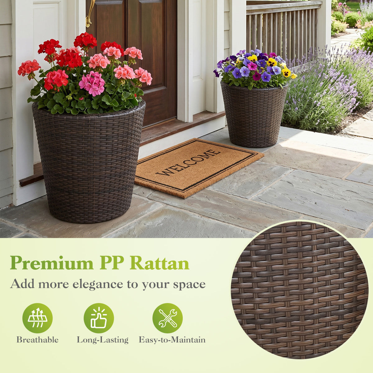 Set of 2 Plastic Taper Rattan Planters with Drainage Holes and Saucers-Brown